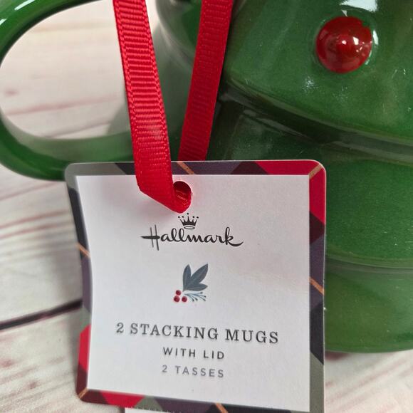 Hallmark Christmas Tree Stacking Mugs Set w Star Topper Lid Green Gold Holiday - Picture 5 of 6